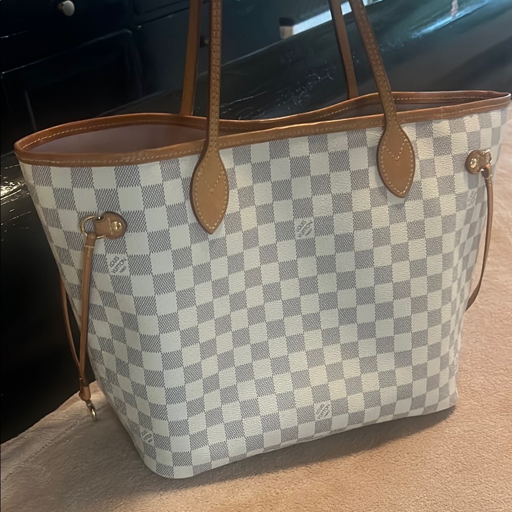 Louis Vuitton Gray and Tan Checkered Tote Neverfull MM Damier Azur